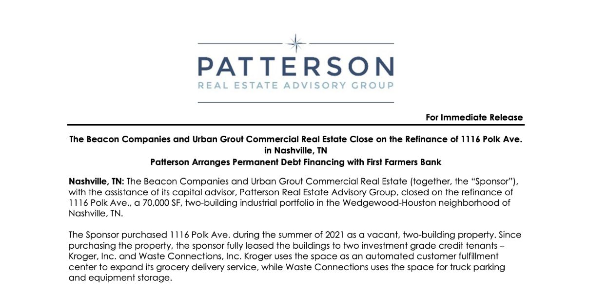 The Beacon Companies and Urban Grout Commercial Real Estate Close on the Refinance of 1116 Polk Ave. in Nashville, TN