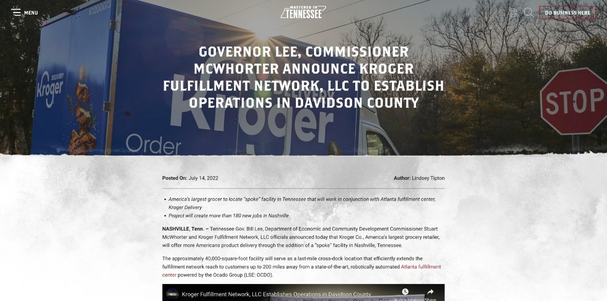 Governor Lee, Commissioner Mcwhorter Announce Kroger Fulfillment Network, Llc To Establish Operations In Davidson County